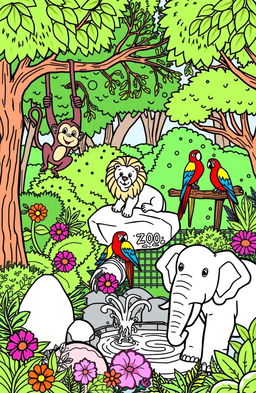 A vibrant and whimsical coloring book page featuring a variety of zoo animals, including a playful monkey swinging from a tree branch, a majestic lion lounging on a rock, colorful parrots perched on a fence, and a gentle elephant splashing water with its trunk