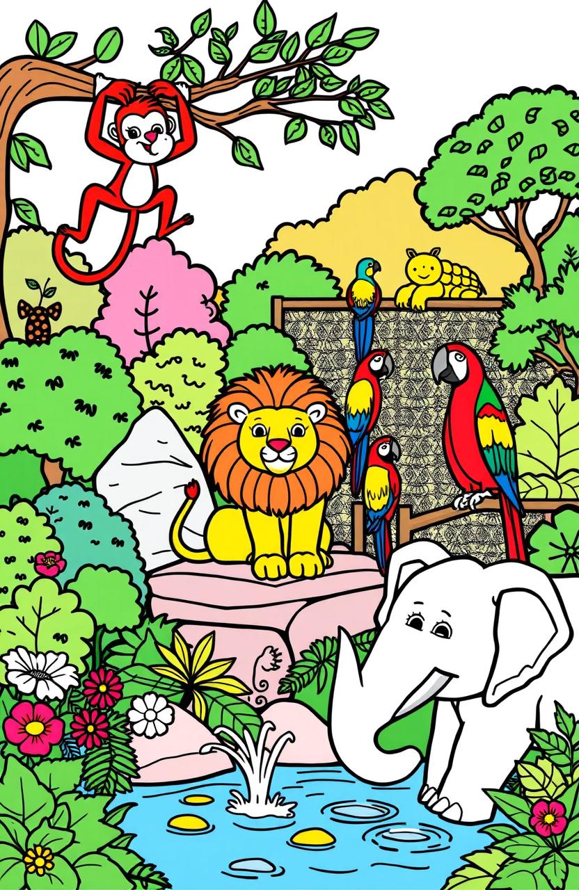 A vibrant and whimsical coloring book page featuring a variety of zoo animals, including a playful monkey swinging from a tree branch, a majestic lion lounging on a rock, colorful parrots perched on a fence, and a gentle elephant splashing water with its trunk