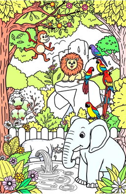 A vibrant and whimsical coloring book page featuring a variety of zoo animals, including a playful monkey swinging from a tree branch, a majestic lion lounging on a rock, colorful parrots perched on a fence, and a gentle elephant splashing water with its trunk