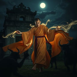 A striking scene of a majestic Vietnamese monk in the act of saving demons during the dark night, set against the backdrop of an abandoned temple