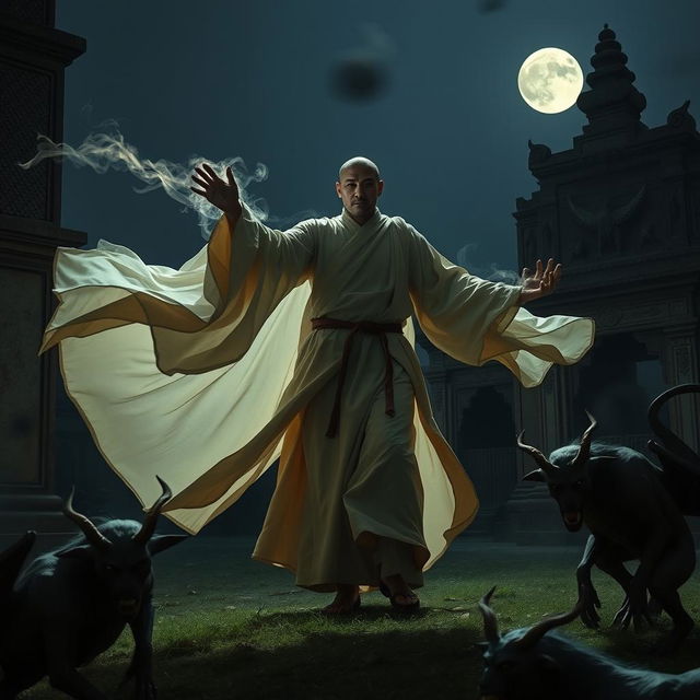 A striking scene of a majestic Vietnamese monk in the act of saving demons during the dark night, set against the backdrop of an abandoned temple