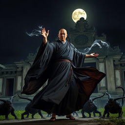 A striking scene of a majestic Vietnamese monk in the act of saving demons during the dark night, set against the backdrop of an abandoned temple