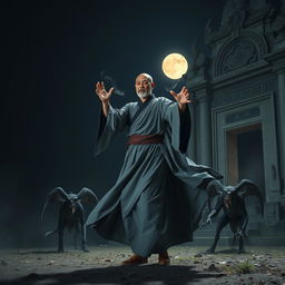 A striking scene of a majestic Vietnamese monk in the act of saving demons during the dark night, set against the backdrop of an abandoned temple