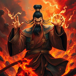 A powerful portrayal of the Great Vietnamese Sorcerer, exuding fierceness and determination amidst a fiery hellscape