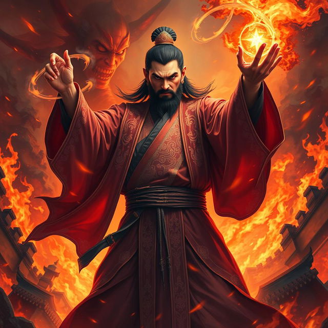 A powerful portrayal of the Great Vietnamese Sorcerer, exuding fierceness and determination amidst a fiery hellscape