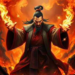 A powerful portrayal of the Great Vietnamese Sorcerer, exuding fierceness and determination amidst a fiery hellscape