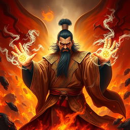 A powerful portrayal of the Great Vietnamese Sorcerer, exuding fierceness and determination amidst a fiery hellscape