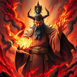 A visually striking depiction of the Great Vietnamese Sorcerer, radiating fierceness and power, standing amidst a chaotic and fiery hell