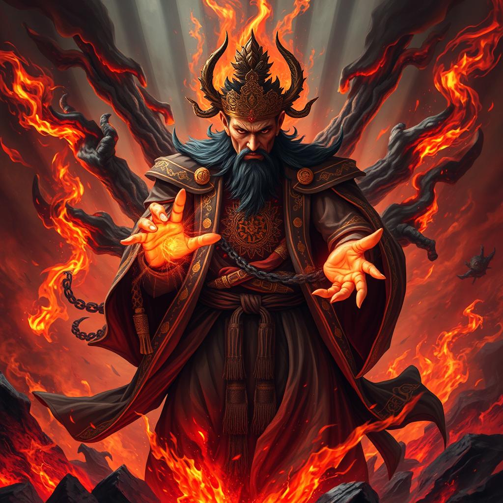 A visually striking depiction of the Great Vietnamese Sorcerer, radiating fierceness and power, standing amidst a chaotic and fiery hell