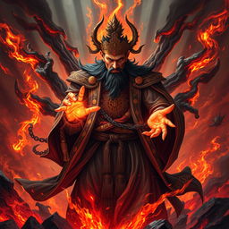 A visually striking depiction of the Great Vietnamese Sorcerer, radiating fierceness and power, standing amidst a chaotic and fiery hell