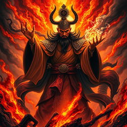 A visually striking depiction of the Great Vietnamese Sorcerer, radiating fierceness and power, standing amidst a chaotic and fiery hell