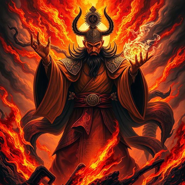 A visually striking depiction of the Great Vietnamese Sorcerer, radiating fierceness and power, standing amidst a chaotic and fiery hell