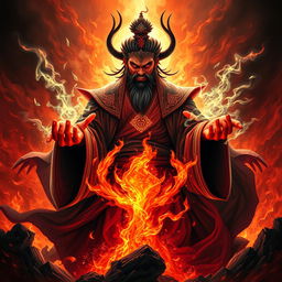 A visually striking depiction of the Great Vietnamese Sorcerer, radiating fierceness and power, standing amidst a chaotic and fiery hell