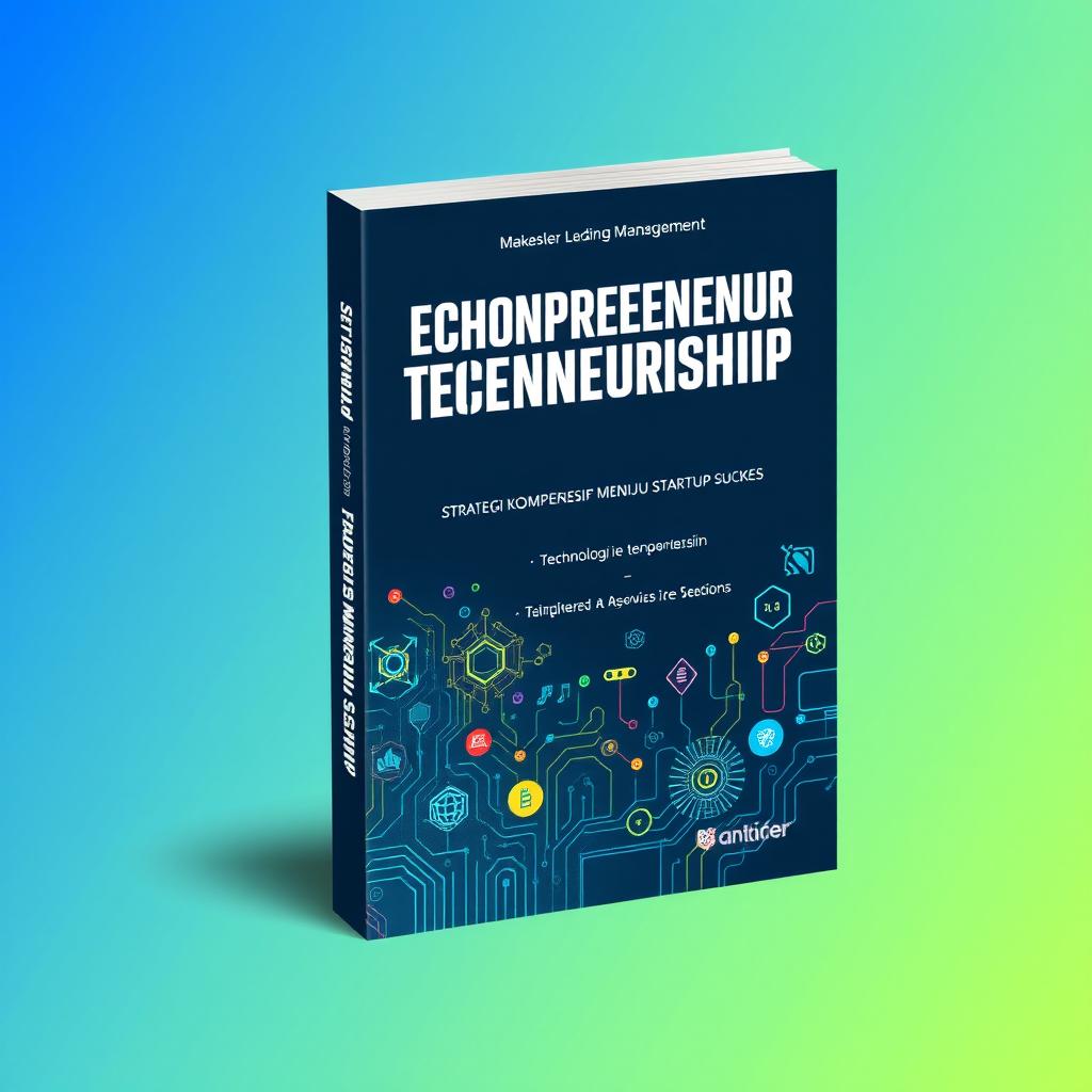 A captivating cover design for a book titled 'Technopreneurship: Strategi Komprehensif Menuju Startup Sukses'