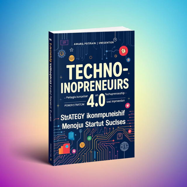 A captivating cover design for a book titled 'Technopreneurship: Strategi Komprehensif Menuju Startup Sukses'