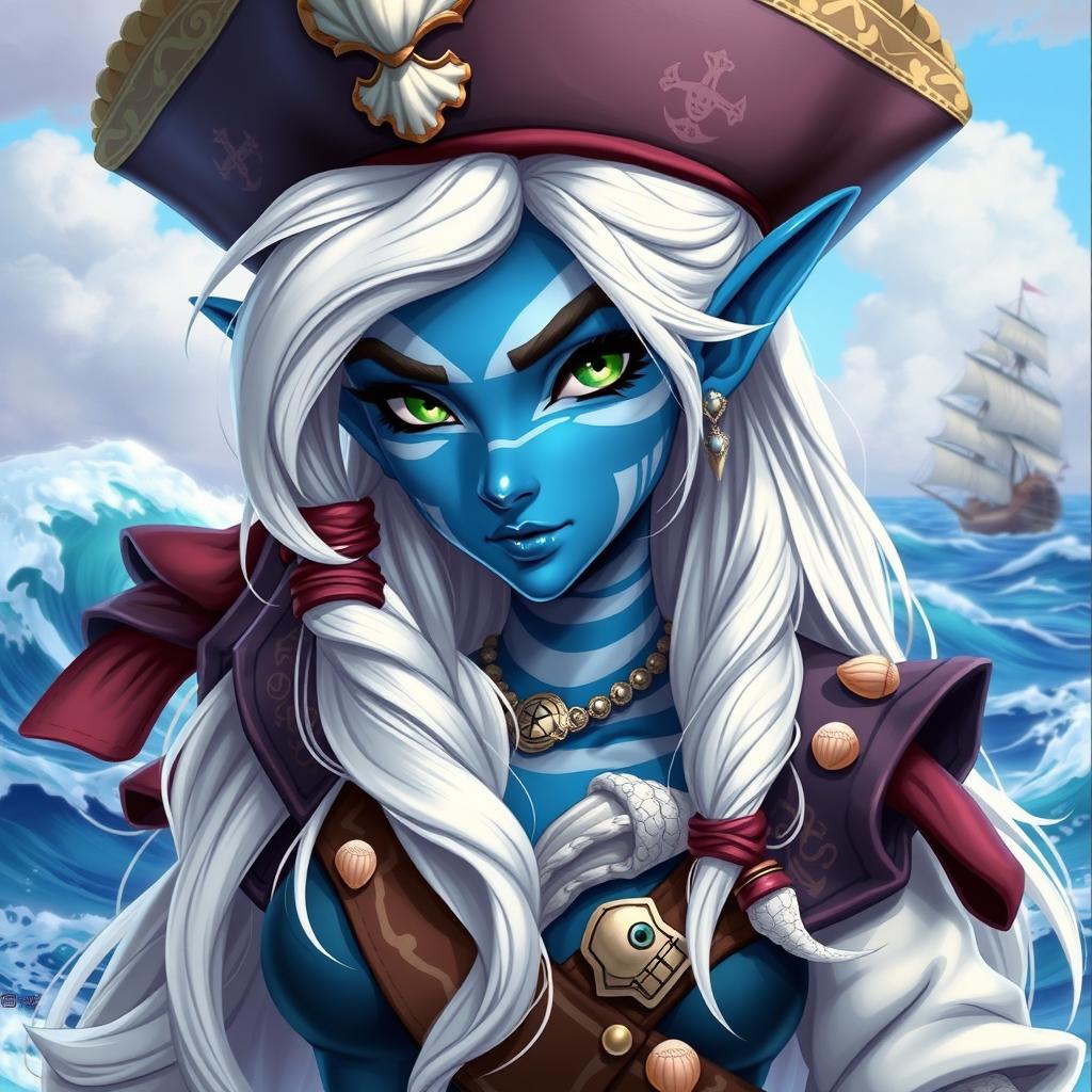 A female pirate sea elf character, featuring striking blue skin with white stripes, cascading long white hair, and captivating green eyes