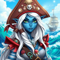 A female pirate sea elf character, featuring striking blue skin with white stripes, cascading long white hair, and captivating green eyes