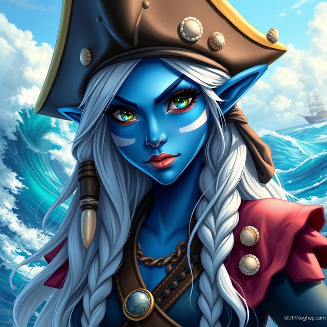 A female pirate sea elf character, featuring striking blue skin with white stripes, cascading long white hair, and captivating green eyes