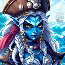 A female pirate sea elf character, featuring striking blue skin with white stripes, cascading long white hair, and captivating green eyes