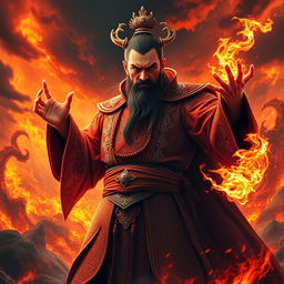 A powerful image of the Great Vietnamese Sorcerer, emanating fierce energy and commanding presence, standing tall in a hellish landscape filled with raging flames and swirling dark clouds