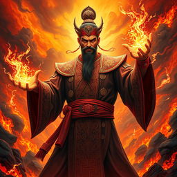 A powerful image of the Great Vietnamese Sorcerer, emanating fierce energy and commanding presence, standing tall in a hellish landscape filled with raging flames and swirling dark clouds