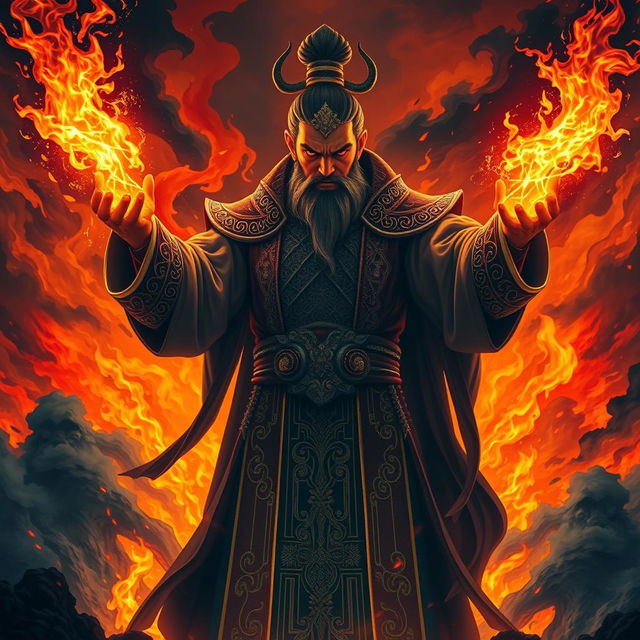 A powerful image of the Great Vietnamese Sorcerer, emanating fierce energy and commanding presence, standing tall in a hellish landscape filled with raging flames and swirling dark clouds