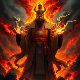 A powerful image of the Great Vietnamese Sorcerer, emanating fierce energy and commanding presence, standing tall in a hellish landscape filled with raging flames and swirling dark clouds