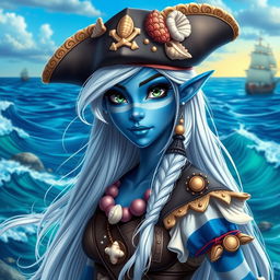 A female pirate sea elf character, featuring striking blue skin with white stripes, long flowing white hair, and mesmerizing green eyes