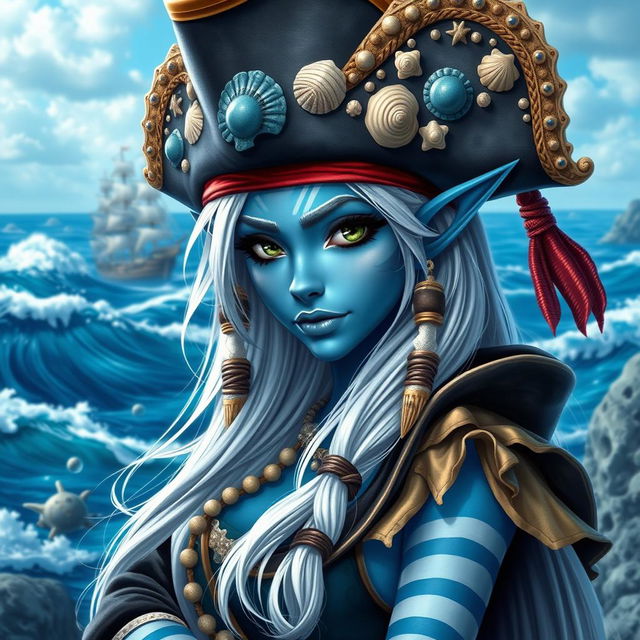 A female pirate sea elf character, featuring striking blue skin with white stripes, long flowing white hair, and mesmerizing green eyes