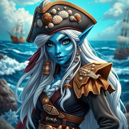 A female pirate sea elf character, featuring striking blue skin with white stripes, long flowing white hair, and mesmerizing green eyes