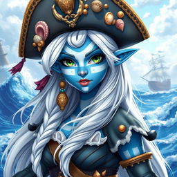 A female pirate sea elf character, featuring striking blue skin with white stripes, long flowing white hair, and mesmerizing green eyes