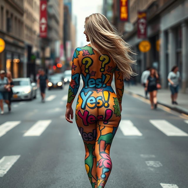 In the distance, a beautiful curvy girl with thick shapely legs and a tight butt is confidently walking naked down a busy city street