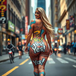 In the distance, a beautiful curvy girl with thick shapely legs and a tight butt is confidently walking naked down a busy city street