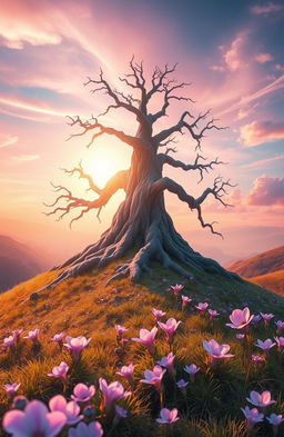 An ethereal landscape featuring a majestic, ancient tree on a vibrant hilltop, with iridescent flowers blooming around its base