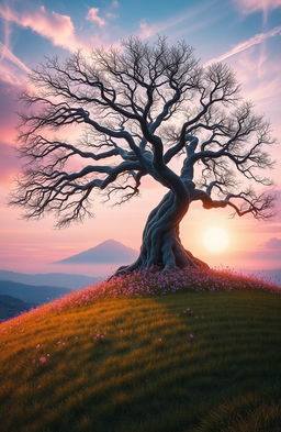 An ethereal landscape featuring a majestic, ancient tree on a vibrant hilltop, with iridescent flowers blooming around its base