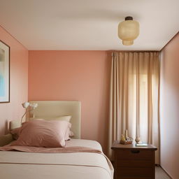 Design an Airbnb room with a calm and inviting color scheme, which includes a bed, side table, good lighting, a wall photo, and calm-colored curtains, with all essential furnishings. Also provide Asian Paints color codes appropriate for the space.