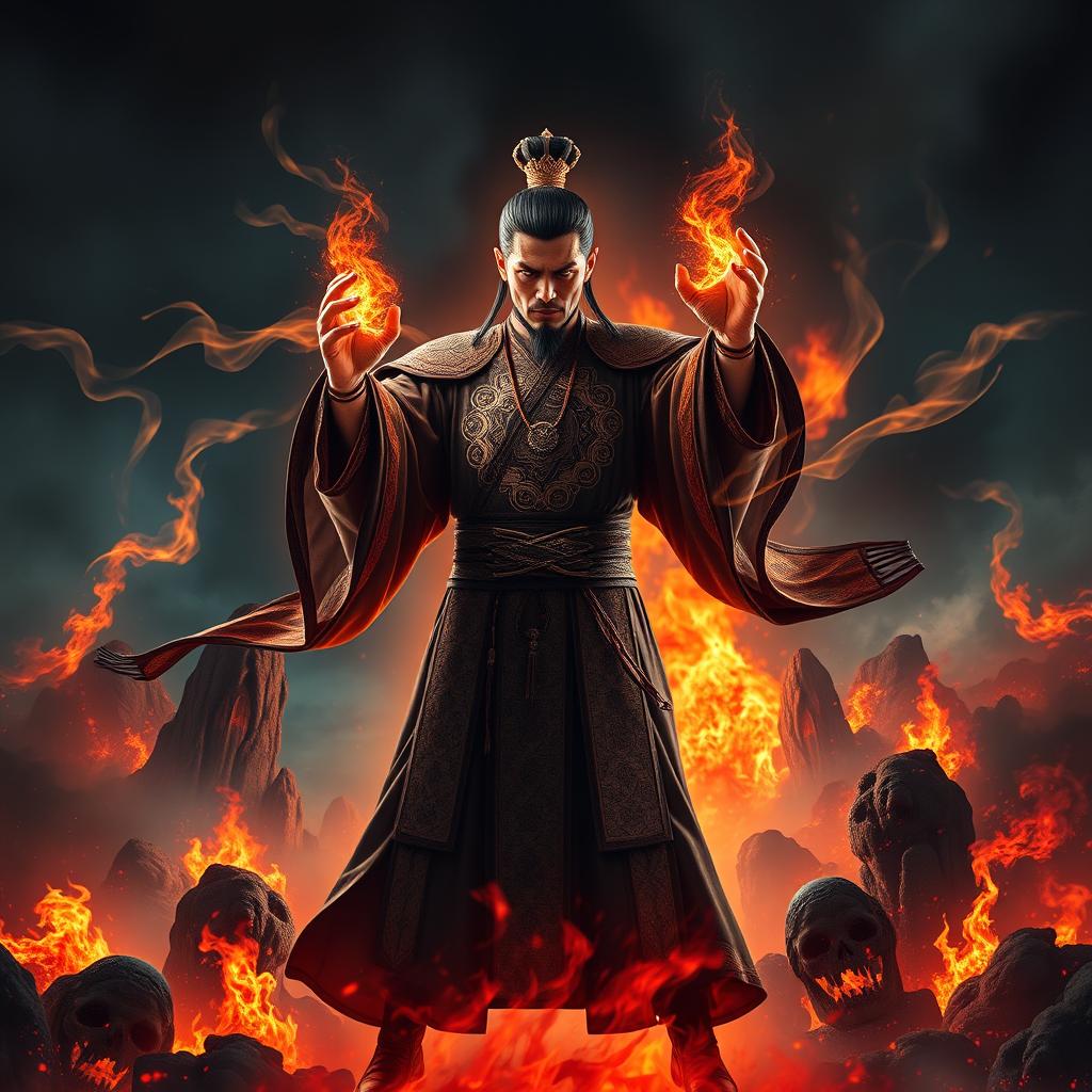 A striking and intense image of the Great Vietnamese Sorcerer, showcasing his fierce demeanor as he stands against a backdrop of a fiery hellscape set under a dark night sky