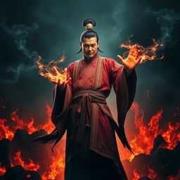 A striking and intense image of the Great Vietnamese Sorcerer, showcasing his fierce demeanor as he stands against a backdrop of a fiery hellscape set under a dark night sky