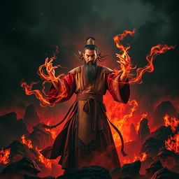 A striking and intense image of the Great Vietnamese Sorcerer, showcasing his fierce demeanor as he stands against a backdrop of a fiery hellscape set under a dark night sky