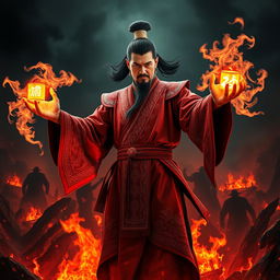 A striking and intense image of the Great Vietnamese Sorcerer, showcasing his fierce demeanor as he stands against a backdrop of a fiery hellscape set under a dark night sky