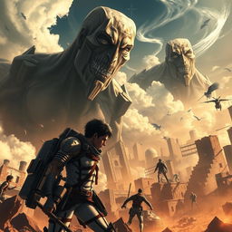 A dynamic and action-packed scene from Attack on Titan, featuring colossal titans in a dramatic landscape of a ruined city
