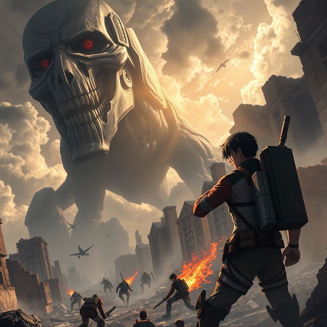 A dynamic and action-packed scene from Attack on Titan, featuring colossal titans in a dramatic landscape of a ruined city