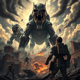 A dynamic and action-packed scene from Attack on Titan, featuring colossal titans in a dramatic landscape of a ruined city