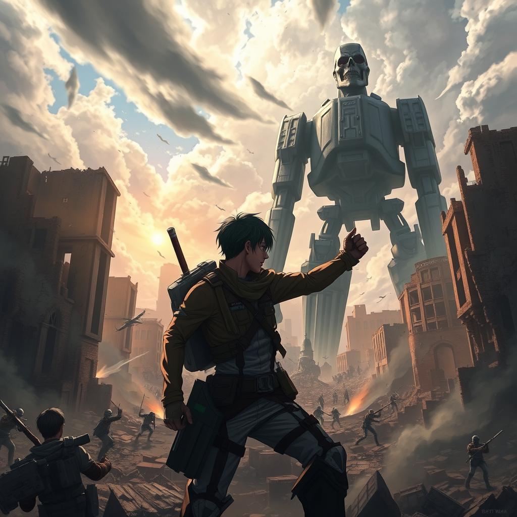 A dynamic and action-packed scene from Attack on Titan, featuring colossal titans in a dramatic landscape of a ruined city