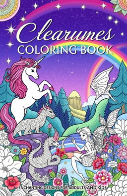 A beautiful and enchanting cover for a coloring book titled "Mythical Creatures Coloring Book: Enchanting Designs for Adults and Kids"