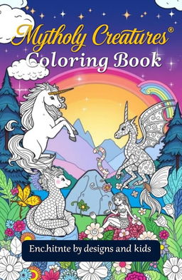 A beautiful and enchanting cover for a coloring book titled "Mythical Creatures Coloring Book: Enchanting Designs for Adults and Kids"