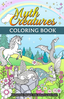 A beautiful and enchanting cover for a coloring book titled "Mythical Creatures Coloring Book: Enchanting Designs for Adults and Kids"