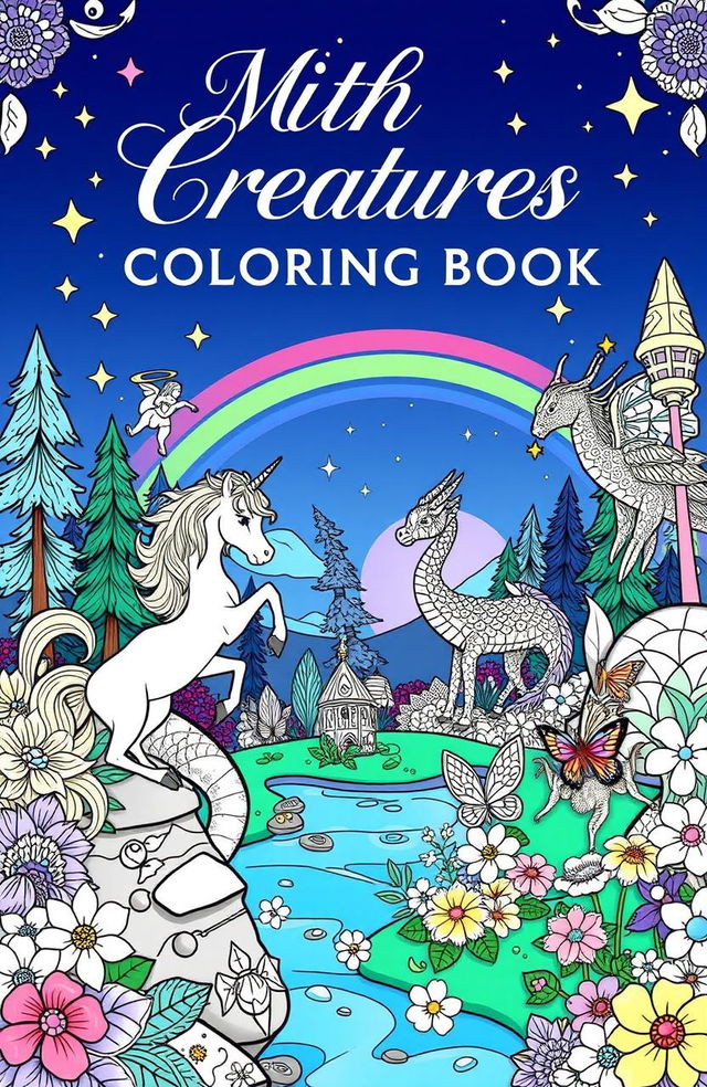 A beautiful and enchanting cover for a coloring book titled "Mythical Creatures Coloring Book: Enchanting Designs for Adults and Kids"