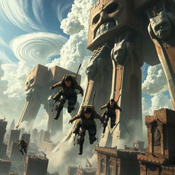 An epic scene inspired by Attack on Titan, showcasing colossal titans towering over a crumbling city, with dramatic clouds swirling in the sky