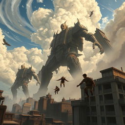 An epic scene inspired by Attack on Titan, showcasing colossal titans towering over a crumbling city, with dramatic clouds swirling in the sky